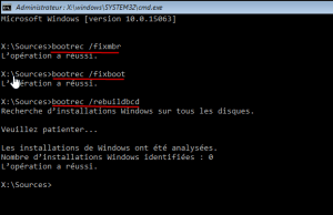 Les commandes pour reconstruire le MBR endommagé