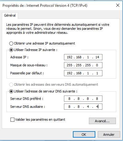 Utiliser les adresses IP et DNS statiques