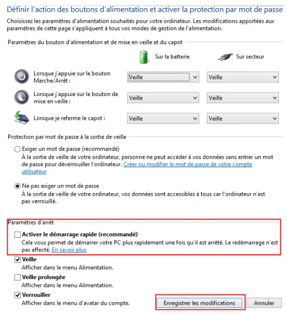 Démarrage rapide Désactiver démarrage rapide