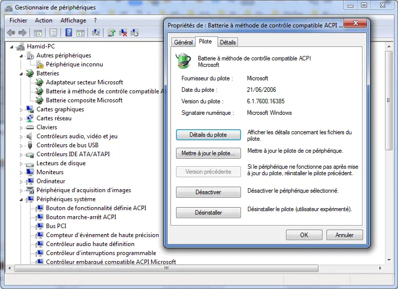 Désinstaller Batterie à méthode de contrôle compatible ACPI Microsoft Désinstaller Batterie à méthode de contrôle compatible ACPI Microsoft