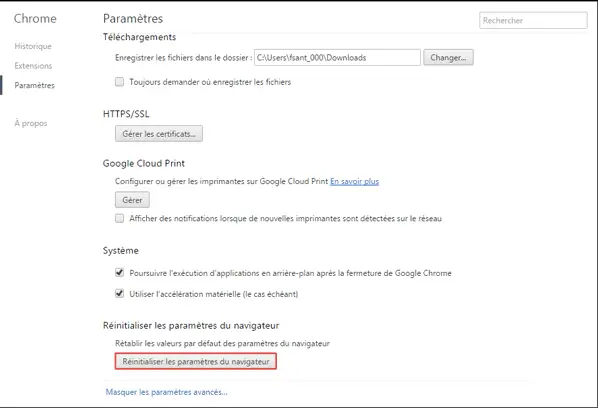 Réinstaller les paramètres du navigateur chrome