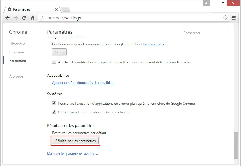 Réinitialiser les paramètres google chrome Réinitialiser les paramètres google chrome