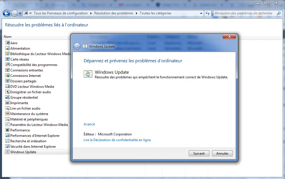 résolution des problèmes Windows update