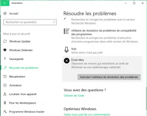 l'outil de Résolution des problèmes pour l'écran bleu