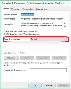 Changer le type de démarrage pour le service programme d'installation pour les modules Windows