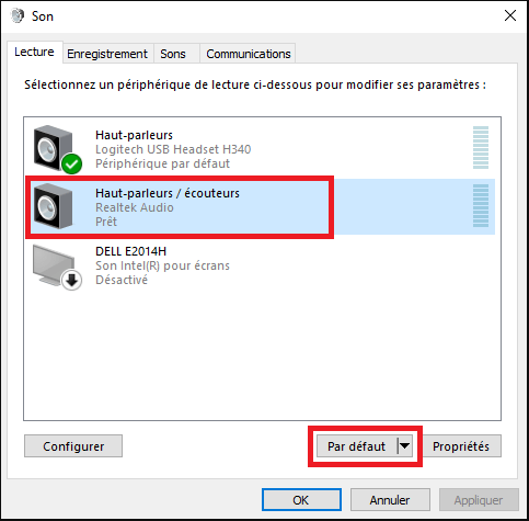 Définir le périphérique son par défaut