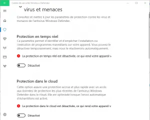 Désactiver la protection de Windows Defender