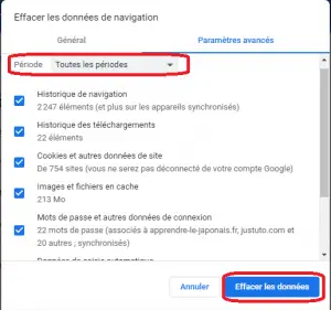 Effacer les données de navigation chrome