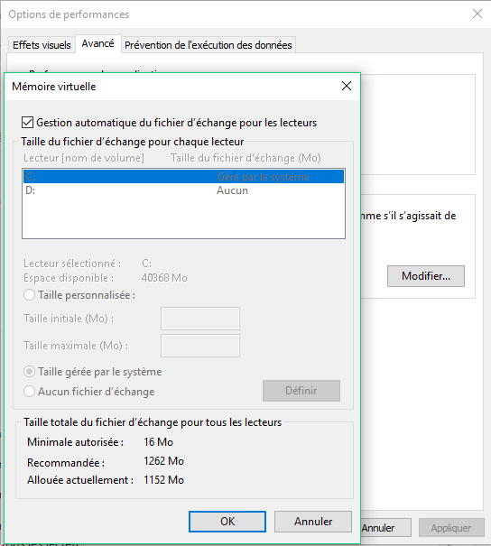 Gestion automatique du fichier d'échange Gestion automatique du fichier d'échange