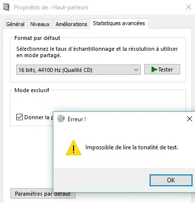 Impossible de lire la tonalité de test