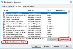Masquer tous les services Microsoft et désactiver les services