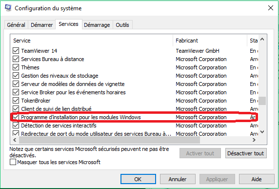 arrêter le programme d'installation pour les modules Windows dans la configuration système