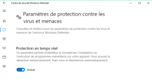 désactiver la protection contre les virus et menaces windows defender