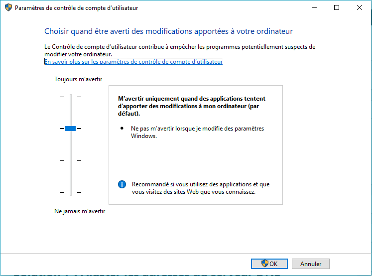paramètres de contrôle de compte d'utilisateur paramètres de contrôle de compte d'utilisateur