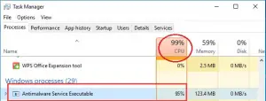 utilisation du CPU élevé Antimalware  Service Executable