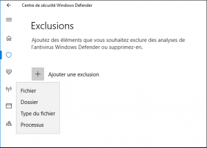 Ajouter une exclusion de Windows Defender