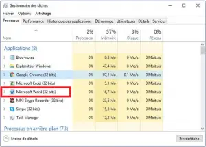 Microsoft Word sur le gestionnaire de taches