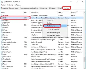 Redémarrer le service BITS à partir du gestionnaire des taches Redémarrer le service BITS à partir du gestionnaire des taches