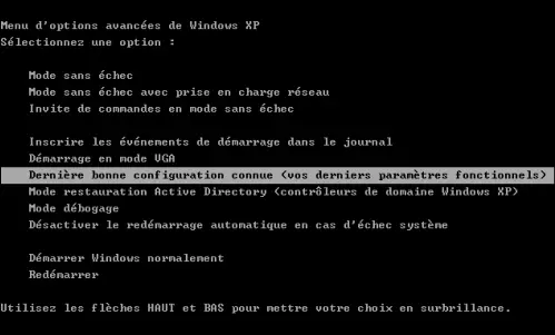démarrer avec dernière bonne configuration connue