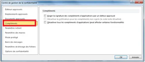 désactiver les compléments de Microsoft Office