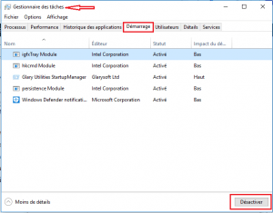 Désactiver les applications et services dans le gestionnaire des taches