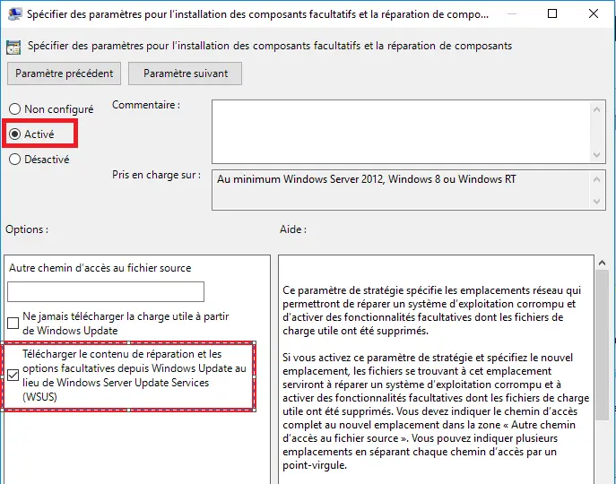 Paramètres de Spécifier les paramètres pour l'installation des composants facultatifs et la réparation des composants Paramètres de Spécifier les paramètres pour l'installation des composants facultatifs et la réparation des composants
