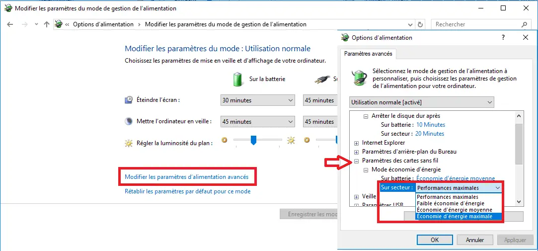 Changer le mode d'économie d'énergie de la carte sans fil