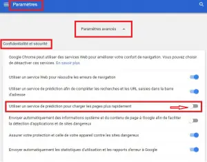 Désactiver le service de prédiction du chrome