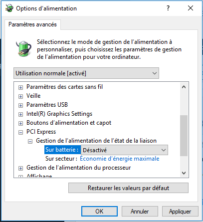 Désactiver la Gestion de l'alimentation de l'état de la liaison PCI Express Désactiver la Gestion de l'alimentation de l'état de la liaison PCI Express