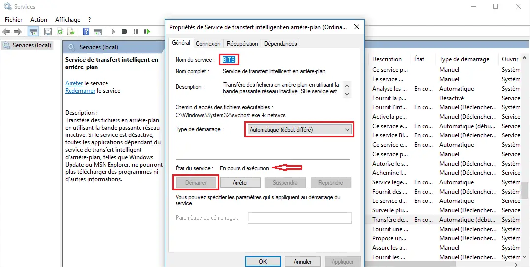 Démarrer le Service de transfert intelligent en arrière-plan (BITS) Démarrer le Service de transfert intelligent en arrière-plan (BITS)