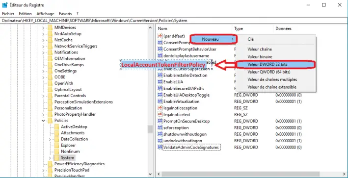 créer une valeur LocalAccountTokenFilterPolicy créer une valeur LocalAccountTokenFilterPolicy