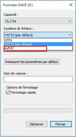 formater le périphérique de stockage sous Windows avec exFAT