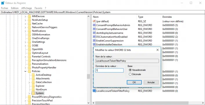 modifier les données de la valeur LocalAccountTokenFilterPolicy modifier les données de la valeur LocalAccountTokenFilterPolicy