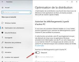 Désactiver l'autorisation des téléchargements à partir d'autres PC