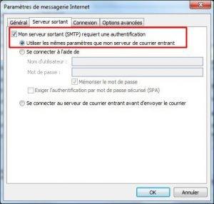 Mon serveur sortant  (SMTP) nécessite une authentification (Outlook)