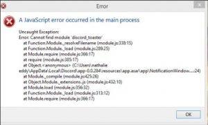 A JavaScript error occurred in the main process