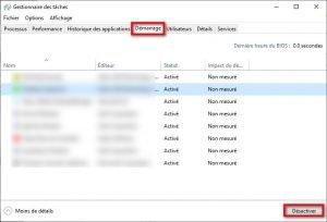 Désactiver les applications dans le gestionnaire des taches