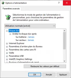 Modifier les paramètres de puissance du disque dur