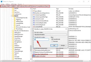 Désactiver la recherche Bing dans Windows dans l'éditeur de registre