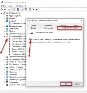 Désactiver l'option Autoriser l'ordinateur à éteindre ce périphérique pour économiser l'énergie