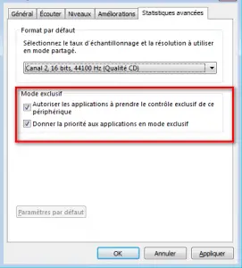 Désactiver le Mode exclusif de Windows