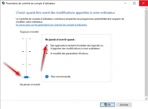 Ne jamais m'avertir quand des applications tentent d'installer des logiciels ou d'apporter des modifications à mon ordinateur 