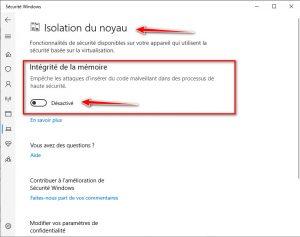 Désactiver l'isolation du noyau sur Windows Defender