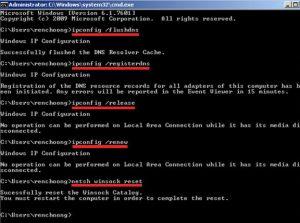 la commande ipconfig /release ipconfig /all ipconfig /flushdns ipconfig /renew netsh int ip set dns netsh winsock reset