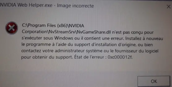 nvidia web helper error 0xc000012f