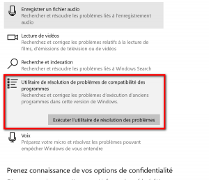 Exécuter l'Utilitaire de Résolution de problème de compatibilité des programmes