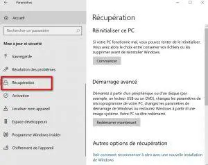 Récupération de la version précédente de Windows 10