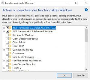 Aciver la fonctionalité .NET Framework 3.5 ( inclut .NET 2.0 et 3.0) de Windows