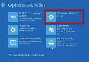 Désinstaller des mise à jour dans les options avancées