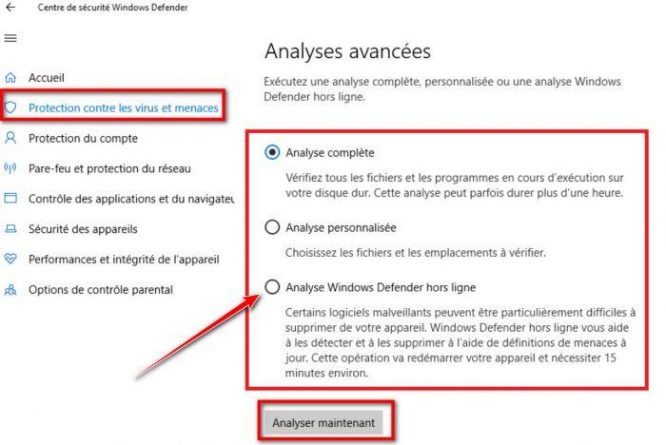 Exécuter une analyse Windows Defender hors ligne